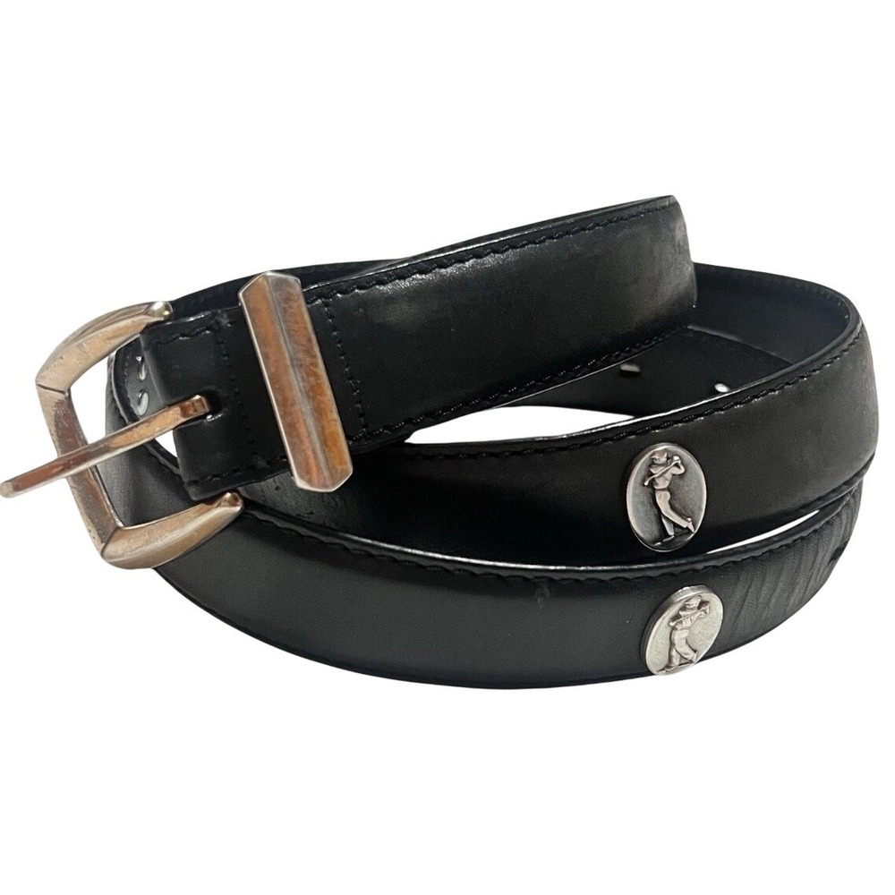 Black Leather Men's Golf Belt With Silver Hardware, Total Length - 49 inches.